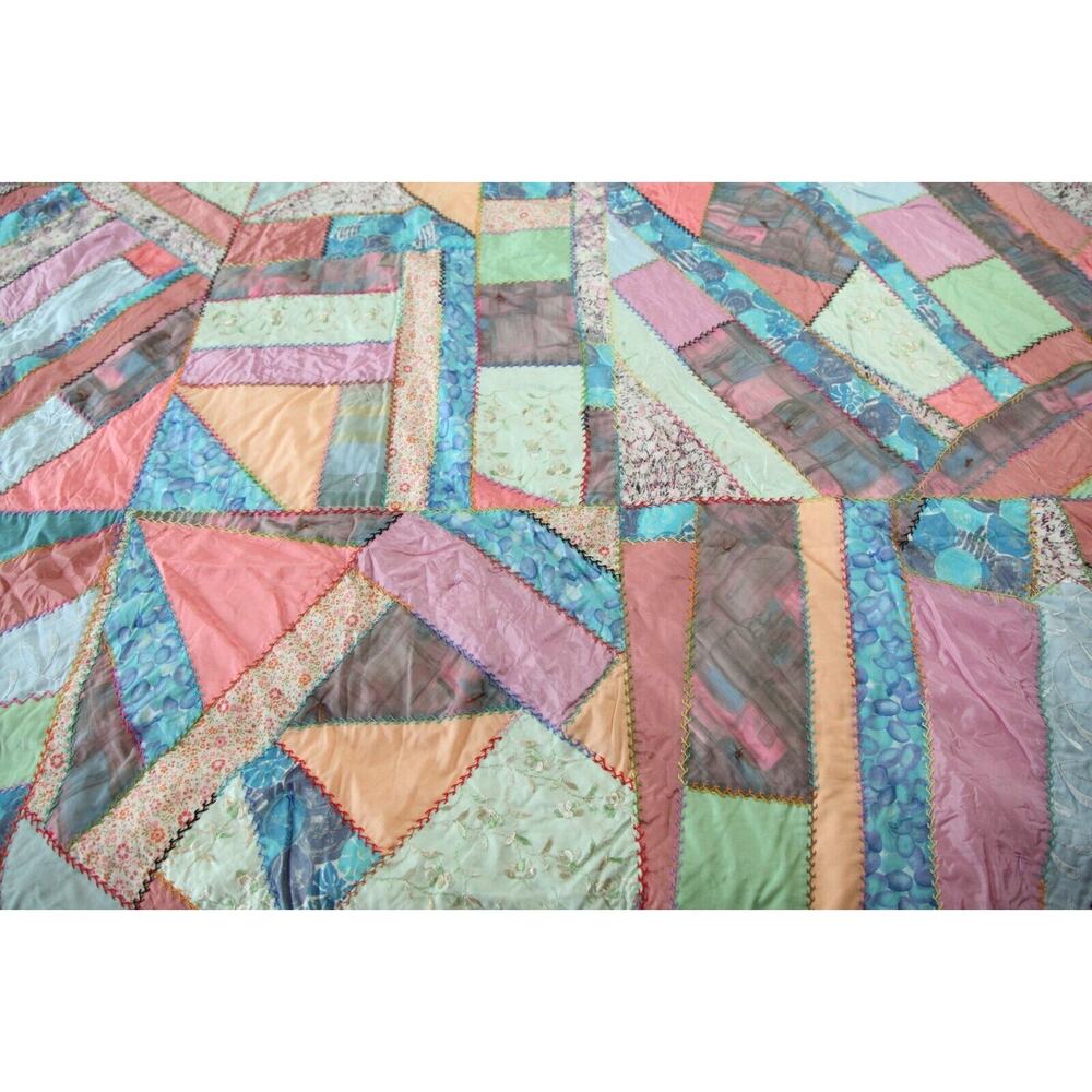 Vintage Crazy Quilt 86" x 69 Heavily Embroidered Pastel Colors Old Hand Tied - Picture 5 of 16